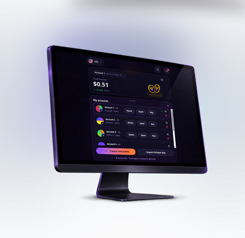 VORA Wallet's My accounts panel on a desktop screen: accounts from one recovery phrase, each with Name, Seed and Key, above Create new wallet and Import Private Key