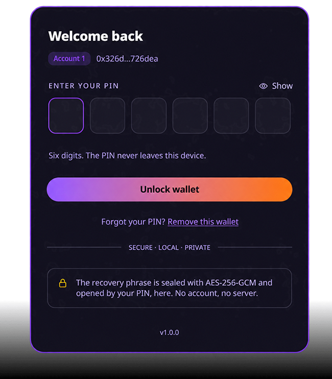 VORA Wallet's unlock screen: Welcome back, six boxes for the PIN and Unlock wallet, over a note that the recovery phrase is sealed with AES-256-GCM and opened by your PIN