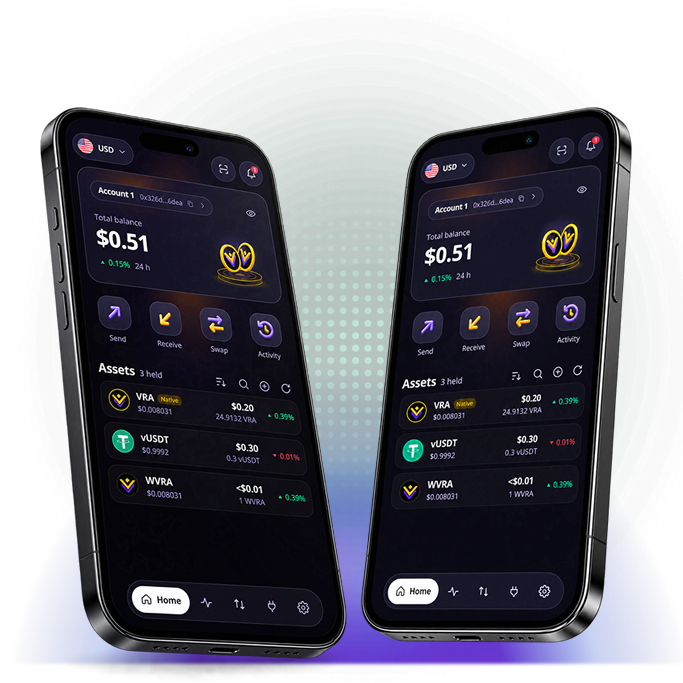 VORA Wallet's home screen on two phones: the balance, then VRA, vUSDT and WVRA under Assets